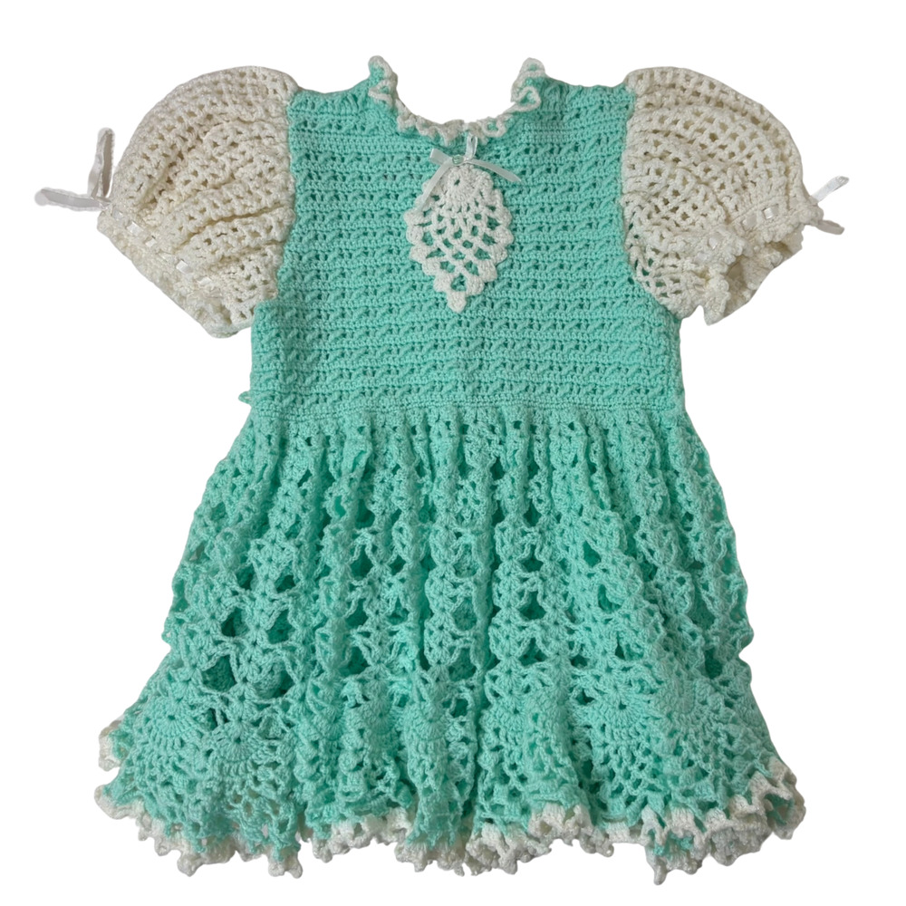 Handmade Crochet Baby Dress Mint Green Acrylic Yarn Puff Short Sleeve Full Skirt
